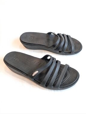 CROCS Rhonda Women’s Black Strappy Wedge Slide Sandals Size 9